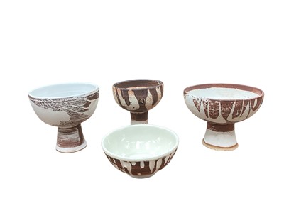 Lot 5027 - Three studio pottery pedestal bowls, all stamped with dates