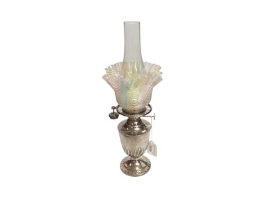 Lot 2939 - Antique silver plated oil lamp by Walker & Hall, with fluted decoration in relief, multicoloured reeded glass shade, 27.5cm high excluding chimney