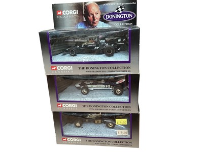 Lot 1832 - Corgi Classics The Donnington Collection diecast racing cars, in window boxes ~ 97374 - 97378, plus Jordan 199 & EJ10 and two other racing cars (1 box)