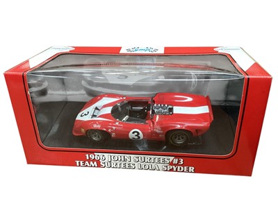 Lot 1833 - GMP 1:18 scale Limited Edition diecast racing cars including 1968 Mario Andretti #21 T70 Lola (1 of 1000) in window box with outer box No.12006M, 1966 John Surtees#3 Team Surtees Lola Spyder (1...