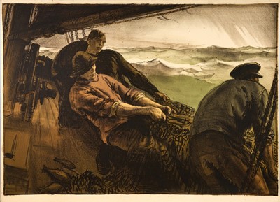 Lot 1171 - *Gerald Spencer Pryse (1882-1956) coloured lithograph, Scenes of the Empire series 1924, British Deep Sea Fishing, signed, 86cm x 125cm, unframed