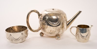 Lot 465 - Victorian silver teapot of bullet form with embossed ribbon and swag decoration, loop handle with ivory insulators, angular spout