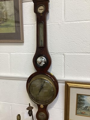 Lot 5067 - Two brass cased carriage clocks, a French brass cased and porcelain clock and a 19th century mahogany cased banjo barometer (4)