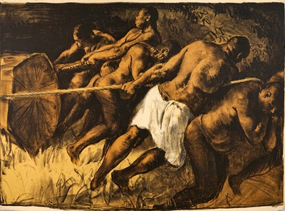 Lot 1176 - *Gerald Spencer Pryse (1882-1956) coloured lithograph, Scenes of the Empire series 1924, Hauling Timber, Nigeria, signed, 89cm x 125cm, unframed