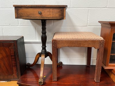 Lot 5378 - Pair of Victorian rosewood framed chairs / 19th century oak side table with single drawer / Antique tripod wine table with single drawer, together with two stools with embroidered seat and an oak side