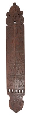Lot 873 - Rare early 17th century carved oak ‘Tally Board’, Victorian labels verso