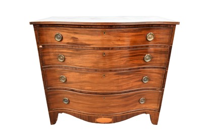 Lot 1368 - George III mahogany serpentine front chest of four long drawers, on bracket feet