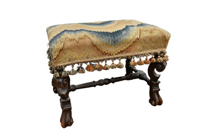 Lot 1363 - Carolean revival walnut stool on carved scroll supports with needlework top