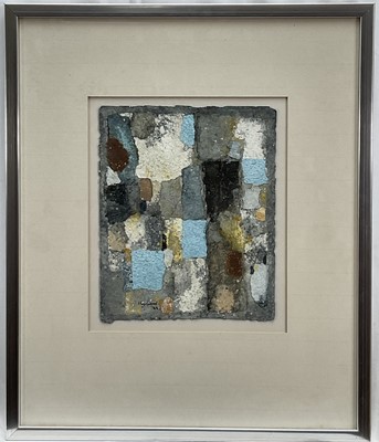 Lot 1292 - David Hazelwood (1932-1994) mixed media - "Brown, Blue, Greys", signed and dated ‘88, 32cm x 26cm, in glazed frame