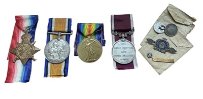 Lot 812 - First World War 1914 'Mons Star' medal group comprising 1914 Star (silver rosette and 5th Aug. - 22nd Nov. 1914 clasp separate) named to 25875 SDLR: CPL. C. H. Cox. R.F.A.