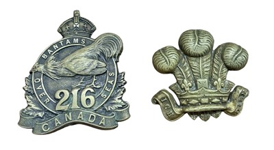 Lot 355 - First World War Canadian Expeditionary Force cap badge for the 216th Battalion (Toronto Bantams) with pin backing and makers name- Ellis Bros. Toronto and another cap badge, (2).