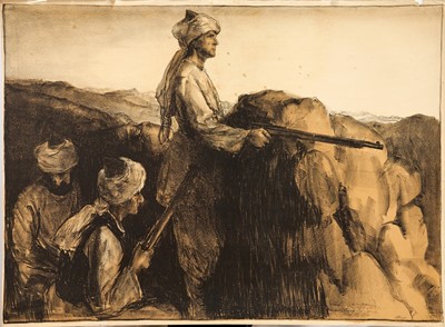 Lot 1177 - *Gerald Spencer Pryse (1882-1956) coloured lithograph, Scenes of the Empire series 1924, Indian Frontier, signed, 90cm x 125cm, unframed