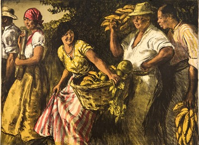 Lot 1178 - *Gerald Spencer Pryse (1882-1956) coloured lithograph, Scenes of the Empire series 1924, West Indies, Fruit Harvesters, signed, 91cm x 125cm, unframed