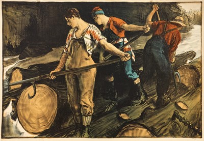 Lot 1179 - *Gerald Spencer Pryse (1882-1956) coloured lithograph, Scenes of the Empire series 1924, Canadian Logging, signed, 84cm x 125cm, unframed