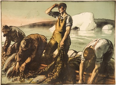 Lot 1180 - *Gerald Spencer Pryse (1882-1956) coloured lithograph, Scenes of the Empire series 1924, Canadian Fishermen, signed, 91cm x 125cm, unframed