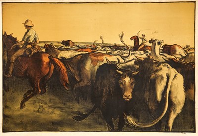 Lot 1181 - *Gerald Spencer Pryse (1882-1956) coloured lithograph, Scenes of the Empire series 1924, Australian Cattle Station, signed, 83cm x 125cm, unframed