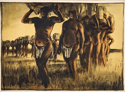 Lot 1182 - *Gerald Spencer Pryse (1882-1956) coloured lithograph, Scenes of the Empire series 1924, Nigerian Load Carriers, signed, 89cm x 125cm, unframed