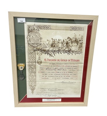 Lot 744 - 1920s medal for Peace in Morocco 1927, mounted in glazed frame with citation.