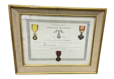 Lot 745 - Group of three French military medals to include Croix De Gurre, mounted in glazed frame with citation dated 1955.