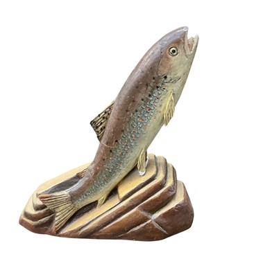 Lot 5019 - Decorative carved wooden sculpture of a salmon with painted decoration, stamped Newbold to base