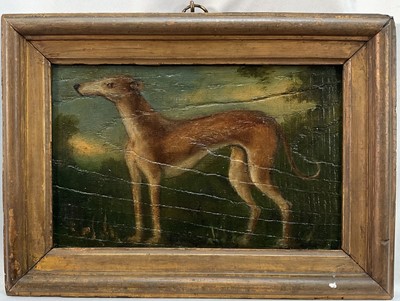 Lot 1196 - English School, oil on panel, A Greyhound in a landscape, 14cm x 23cm, gilt frame