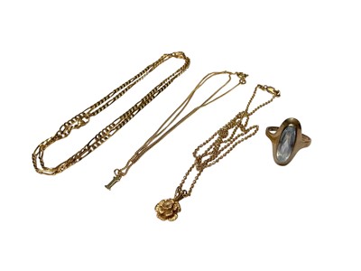 Lot 156 - Group of gold (333) jewellery to include three chains and a gem set ring