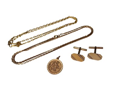 Lot 162 - Group of 9ct gold jewellery to include a St. Christopher pendant, pair of cufflinks and two chains