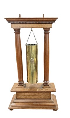 Lot 801 - Impressive Second World War period mahogany and oak 'Trench Art' dinner gong, with central brass artillery shell mounted with a Royal Engineers cap badge