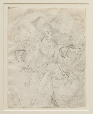 Lot 1265 - *David Jones (1895-1974) pencil drawing - Girl in Capel Landscape with Hill Ponies, circa 1945, 25.5cm x 20cm, in glazed frames.