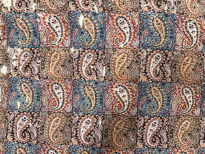 Lot 2560 - Group of vintage textiles including printed paisley bed cover, tapestry narrow hanging, wool hand embroidered forest scene panel, pair of old curtains and a large piece of wool upholstery fabric...