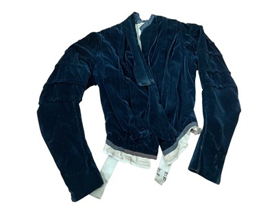 Lot 2561 - Group of vintage items including Victorian navy blue velvet bodice, gold silk waistcoat, metallic lace and tassel cropped top, another silk top and other items.