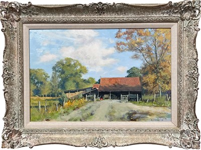 Lot 1109 - R. G. Martin, 20th century, acrylic on board - Bridge's Farm, Dedham, signed, 29cm x 43cm, framed
