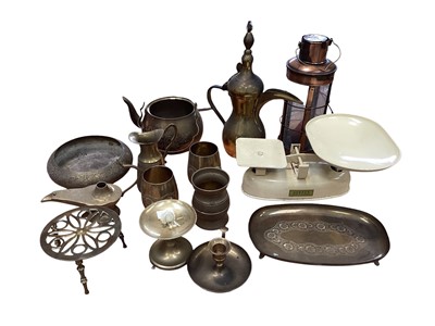 Lot 5104 - Two boxes of brassware and other metalwares to include copper lantern, Harper scales, trays and others