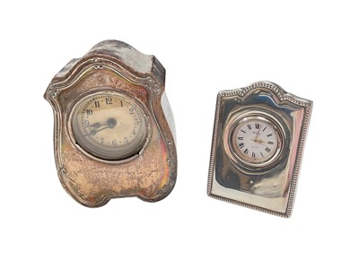 Lot 185 - Vintage silver mounted wooden desk clock, together with R. Carr silver framed timepiece (2)