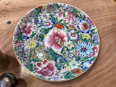 Lot 5021 - Antique Chinese porcelain dish with Guangxu mark, painted in enamels with flowers, together with a Chinese pewter cup engraved with a dragon, and a cloisonné walking stick handle (3)