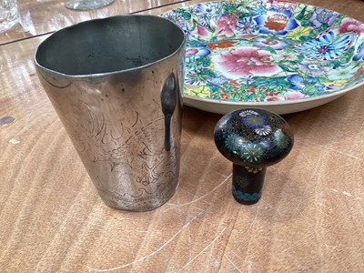 Lot 5021 - Antique Chinese porcelain dish with Guangxu mark, painted in enamels with flowers, together with a Chinese pewter cup engraved with a dragon, and a cloisonné walking stick handle (3)