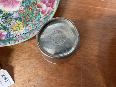 Lot 5021 - Antique Chinese porcelain dish with Guangxu mark, painted in enamels with flowers, together with a Chinese pewter cup engraved with a dragon, and a cloisonné walking stick handle (3)