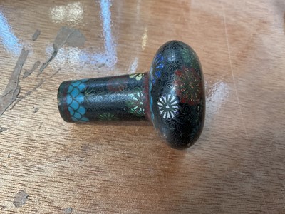 Lot 5021 - Antique Chinese porcelain dish with Guangxu mark, painted in enamels with flowers, together with a Chinese pewter cup engraved with a dragon, and a cloisonné walking stick handle (3)