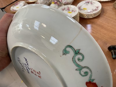 Lot 5021 - Antique Chinese porcelain dish with Guangxu mark, painted in enamels with flowers, together with a Chinese pewter cup engraved with a dragon, and a cloisonné walking stick handle (3)