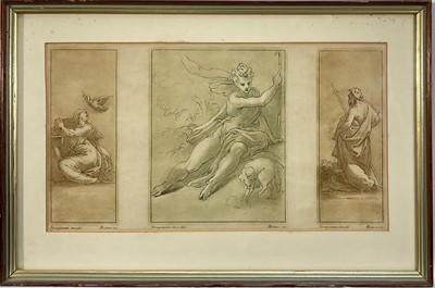 Lot 327 - A print of three Stefano Mulinari etchings after Parmigianino, 21cm x 39cm, glazed frame