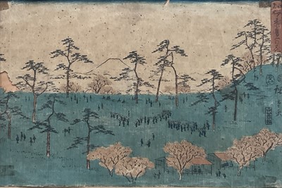 Lot 324 - Antique Japanese woodblock print, figures and trees, signed, 21cm x 32cm, glazed frame