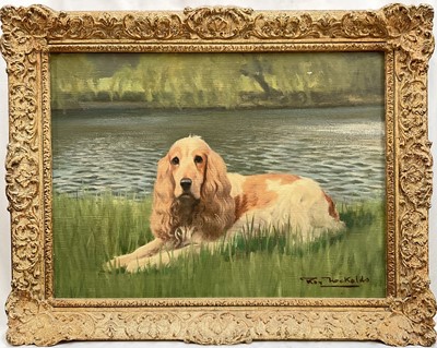 Lot 326 - Roy Nockolds, oil on canvas of a spaniel by a river, signed, 29cm x 39cm, in gilt frame