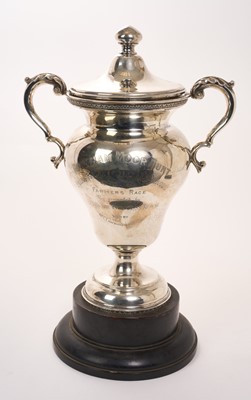 Lot 445 - George V silver two handled trophy cup and cover, with engraved presentation inscription ''Bramham Moor Hunt Point to Point Steeple Chases 4th April 1936 Farmers Race cup