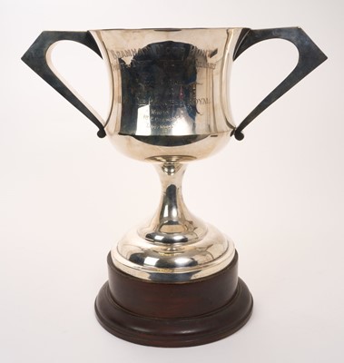 Lot 461 - George V silver two handled trophy cup, with engraved presentation inscription ''Bramham Moor Hunt Point to Point Steeple Chases 7th April 1934 Farmers Race cup p