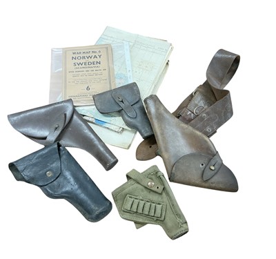Lot 852 - Group of various leather and canvas webbing military pistol holsters, together with several bullet magazines, (1 box).