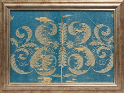 Lot 53 - The Coronation of H.M. Queen Elizabeth II, 2nd June 1953, piece of woven blue silk and silver thread wall hanging from the Coronation, decorated with stylised E scrollwork in glazed frame. 26 x...