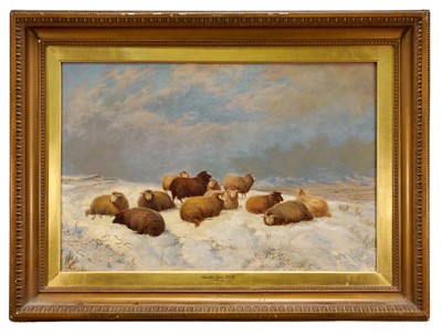 Lot 1106 - Charles Jones (1836-1892) oil on canvas - Sheep in a Snow Covered Landscape, monogrammed and dated '64, 61cm x 94cm, in gilt frame