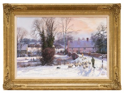 Lot 1107 - *Clive Madgwick (1934-2005) oil on canvas - Driving Sheep over a snow-covered Chelsworth Bridge, signed, 51cm x 76cm, in gilt frame