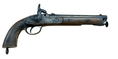 Lot 850 - Victorian British military percussion pistol with Tower marked lock dated 1859, carbine bore barrel, wooden stock with brass mounts, 40.5cm overall