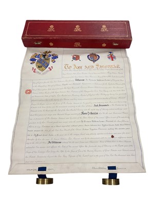 Lot 109 - King George V Grant of Arms to Sir Francis Lowe, PC, Baronet, 1918.(1852 – 1929)...